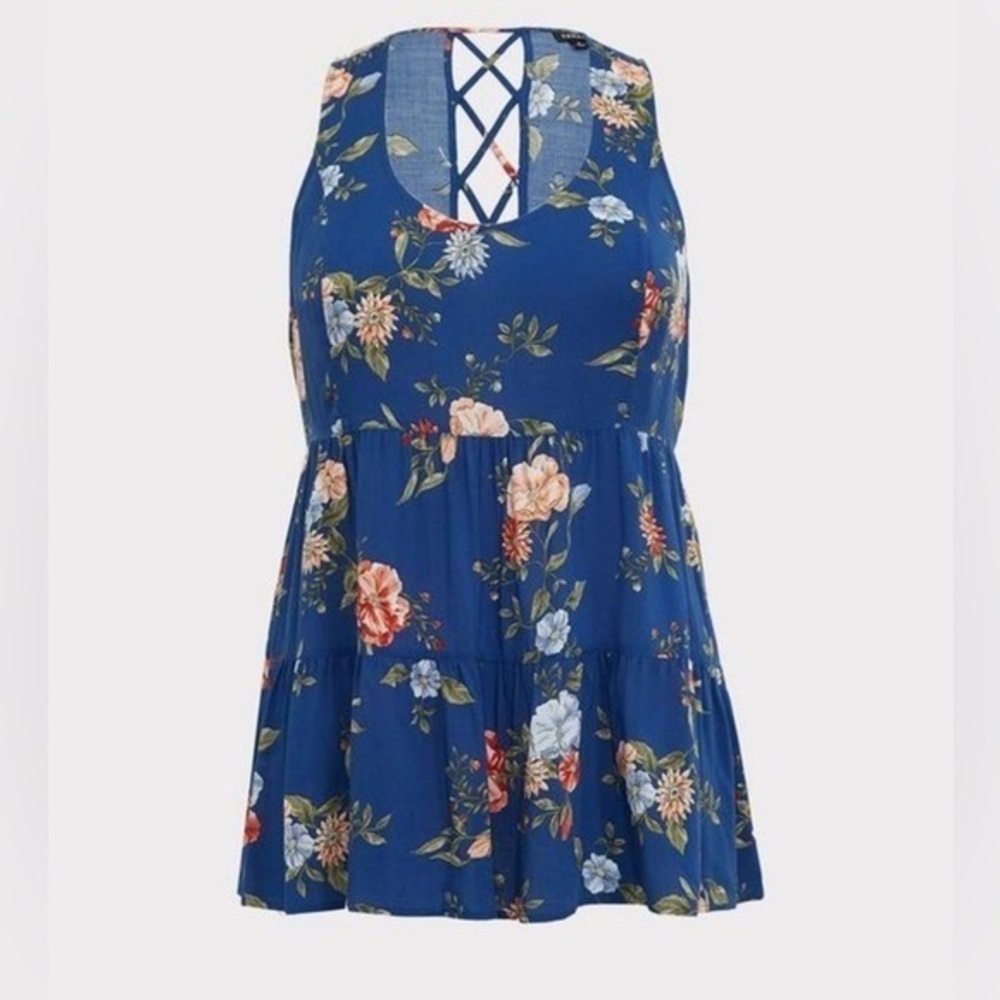 Women’s Torrid 00 Blue Floral Babydoll Challis Corset Cut Out Tiered Tunic 10 12